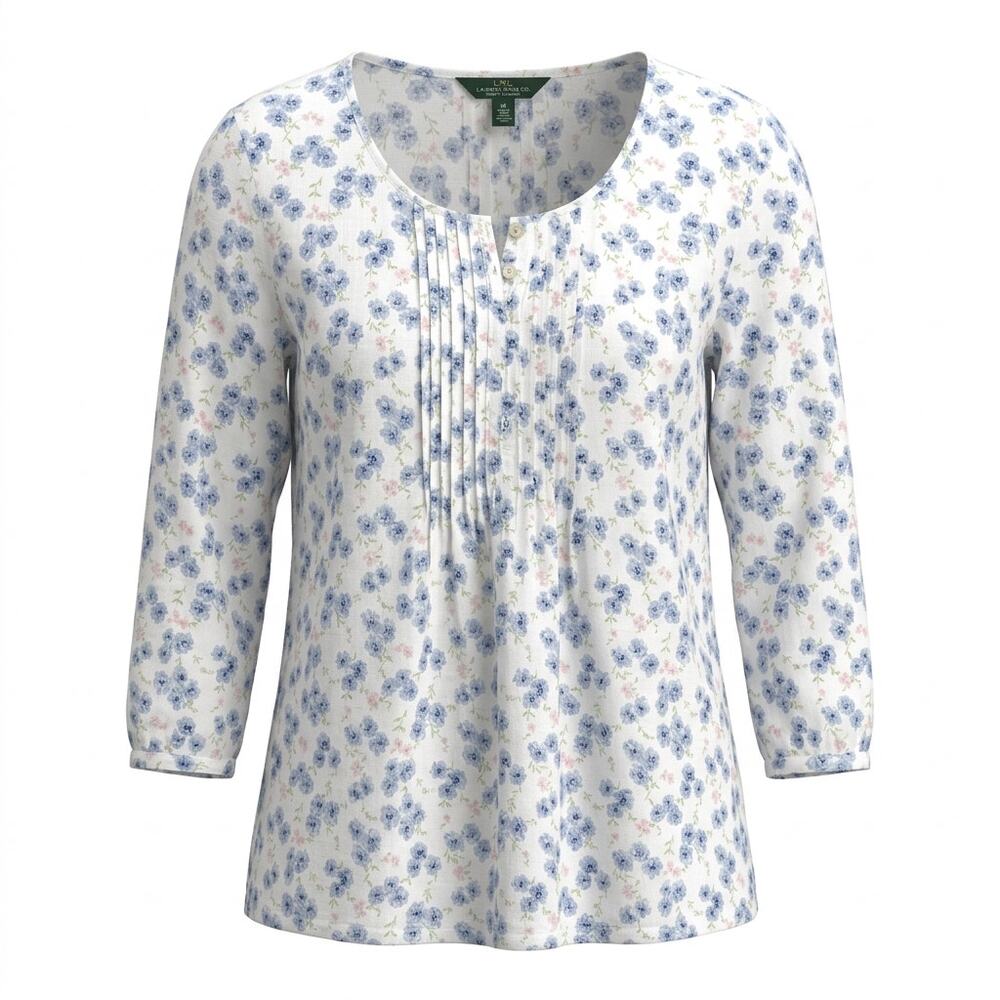 LRL Lauren Jeans Floral Split Neck 3/4 Sleeve Blouse Women Size M